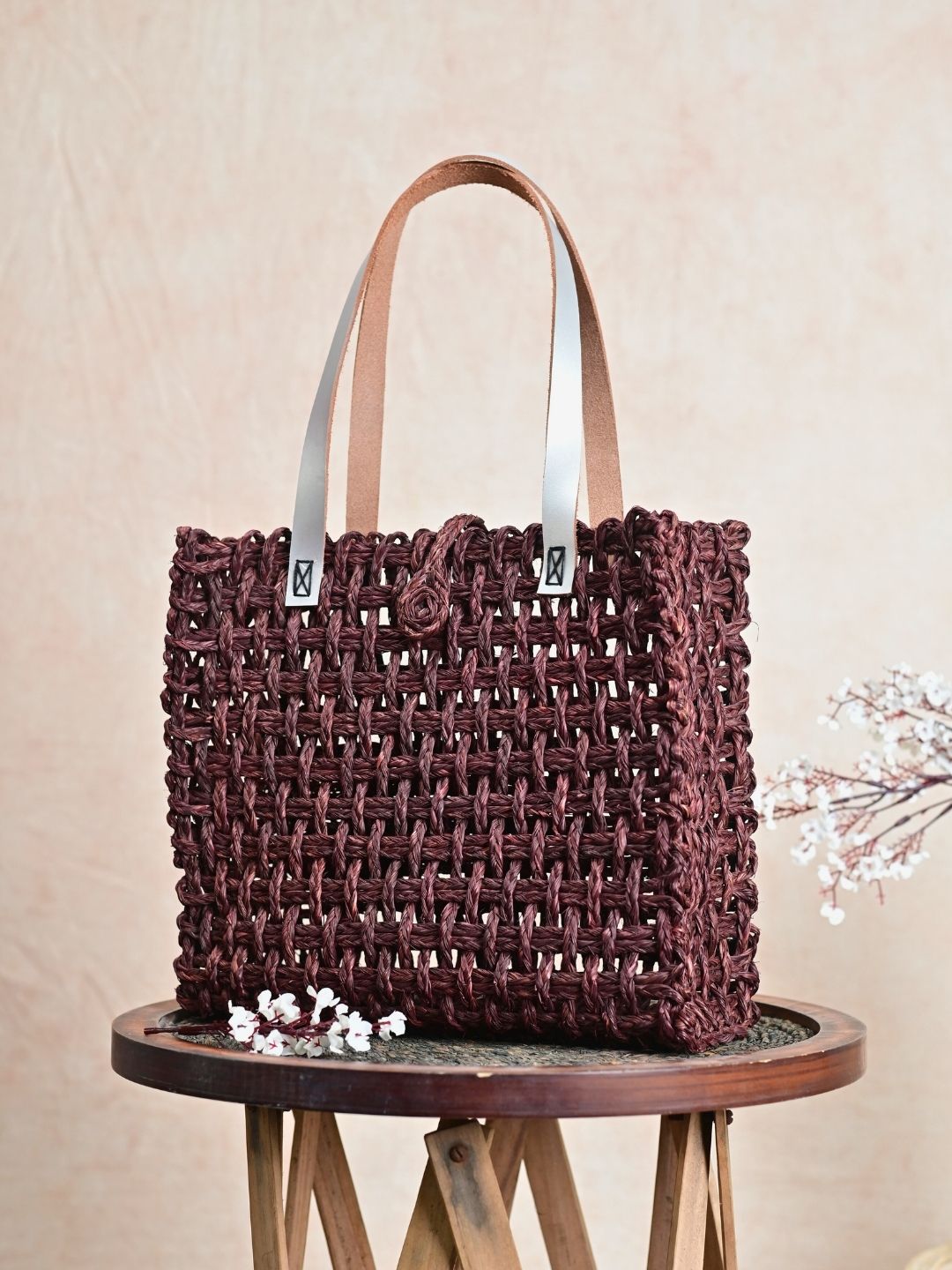 Handmade Sabai Grass Mesh Bag with Silver Handle - Brown