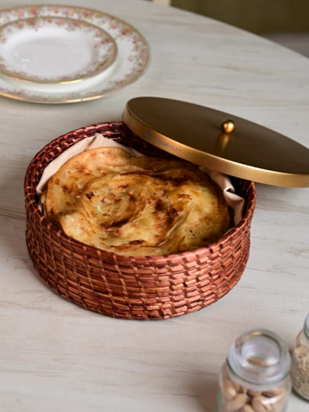 Handmade Sikki Roti Box with Golden Metal Lid - Brown