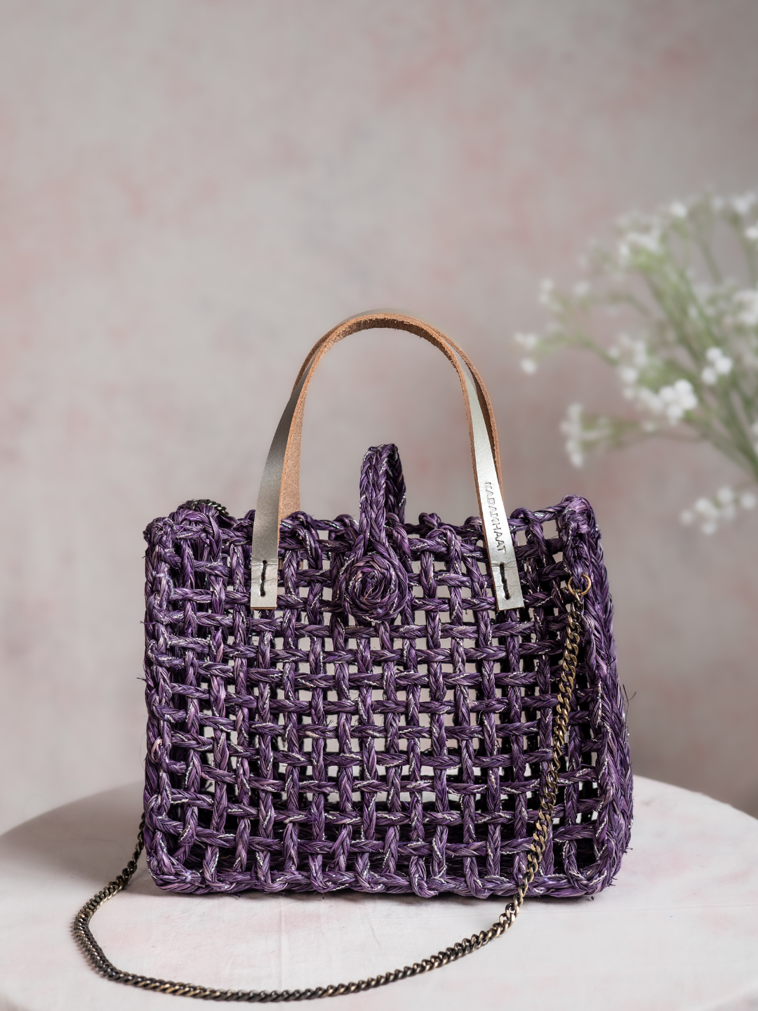 Handmade Sabai Grass Zari Mini Mesh Bag with Silver Handle - Lavender