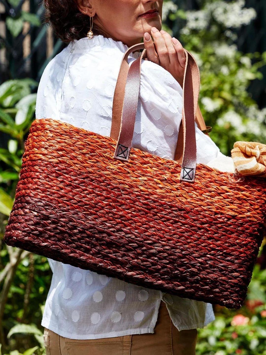 Handmade Sabai Grass Shopping Bag - Orange & Red