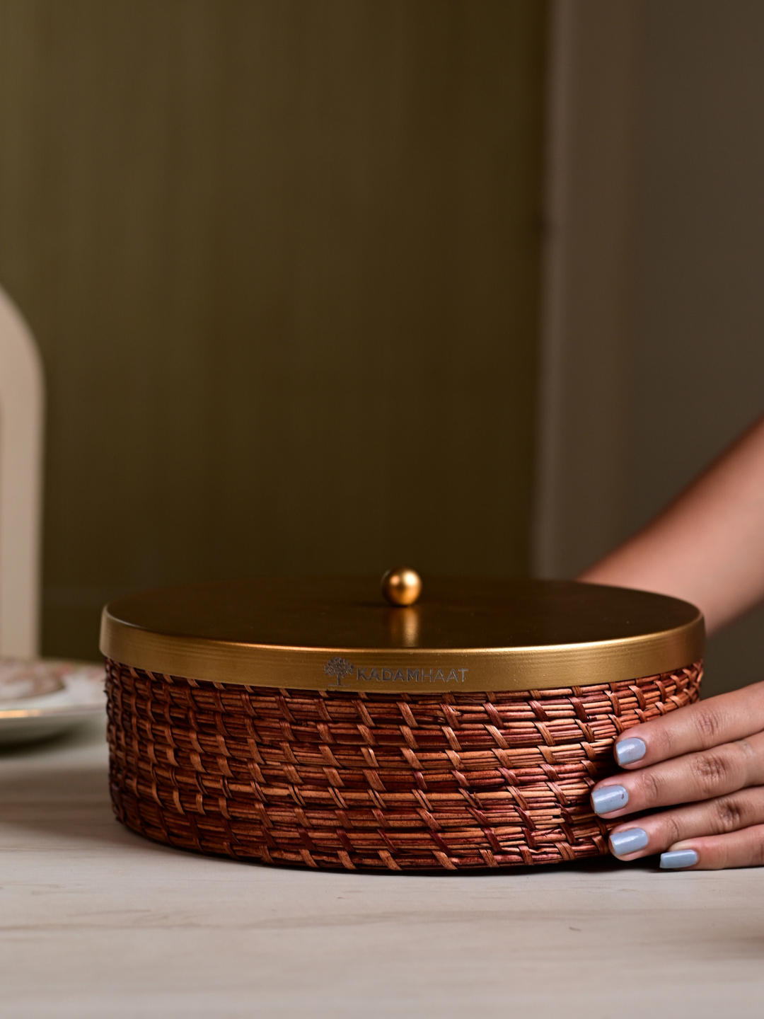 Handmade Sikki Roti Box with Golden Metal Lid