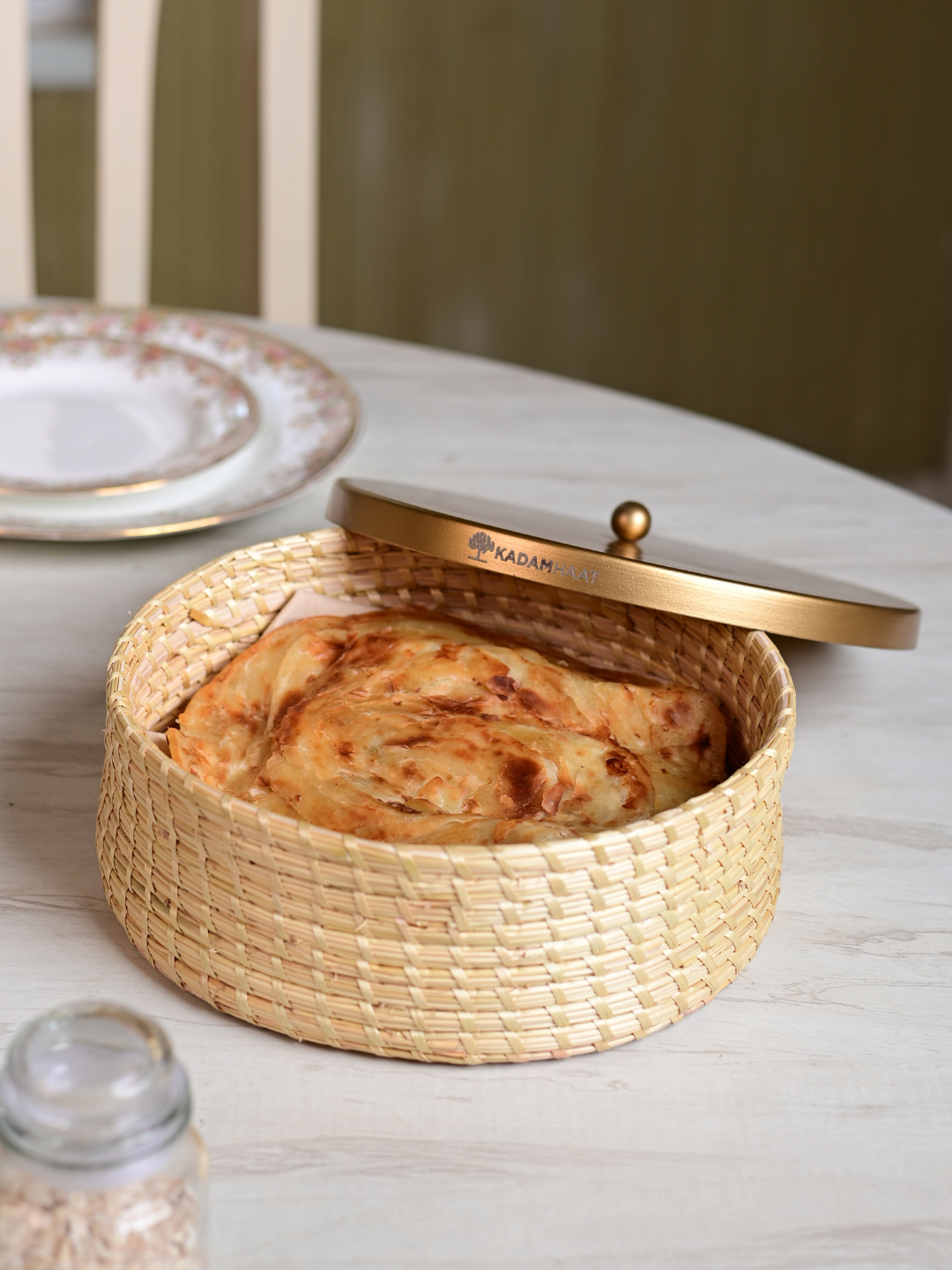 Handmade Sikki Roti Box with Golden Metal Lid - Natural
