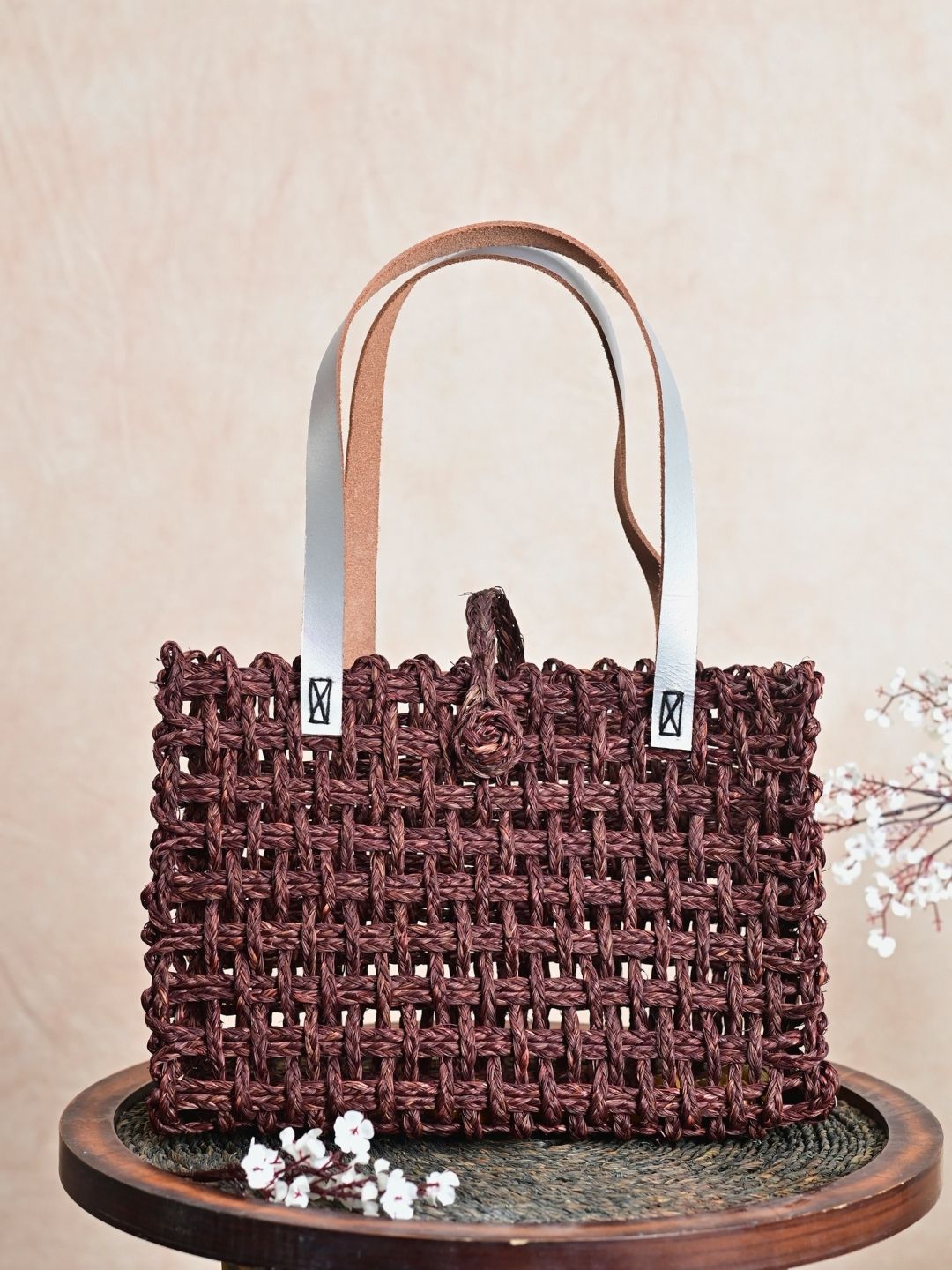 Handmade Sabai Grass Mesh Bag with Silver Handle - Brown