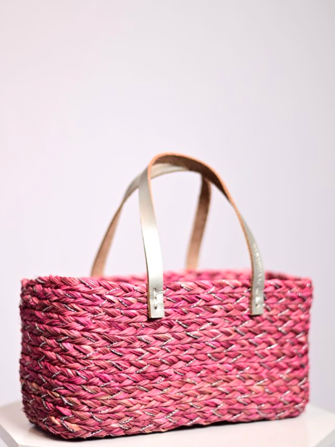 Handmade Sabai Grass Mini Shopping/City Bag - Pink Silver