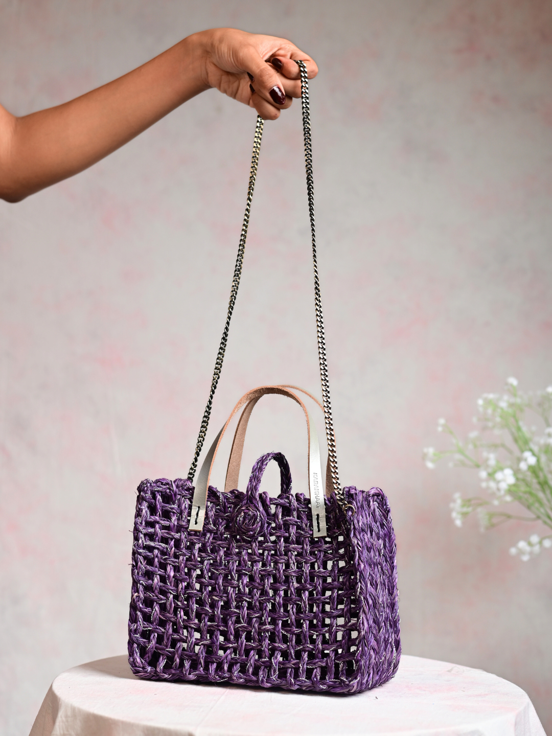 Handmade Sabai Grass Zari Mini Mesh Bag with Silver Handle - Lavender