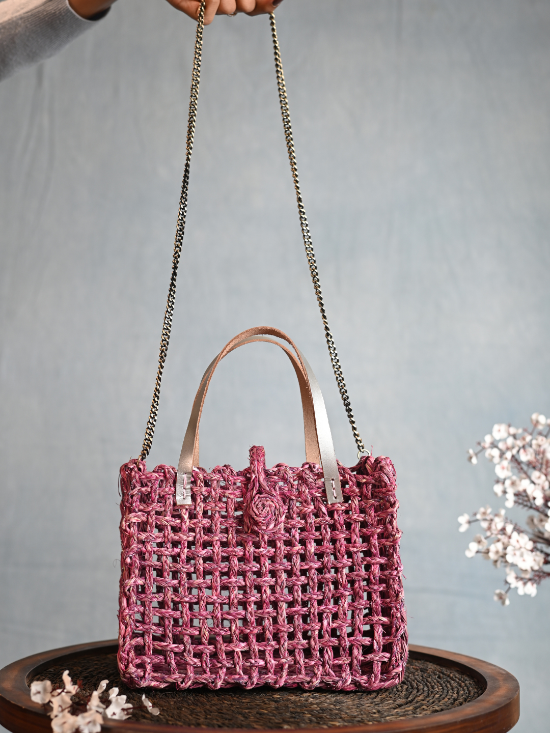 Handmade Sabai Grass Mini Zari Mesh Bag - Pink