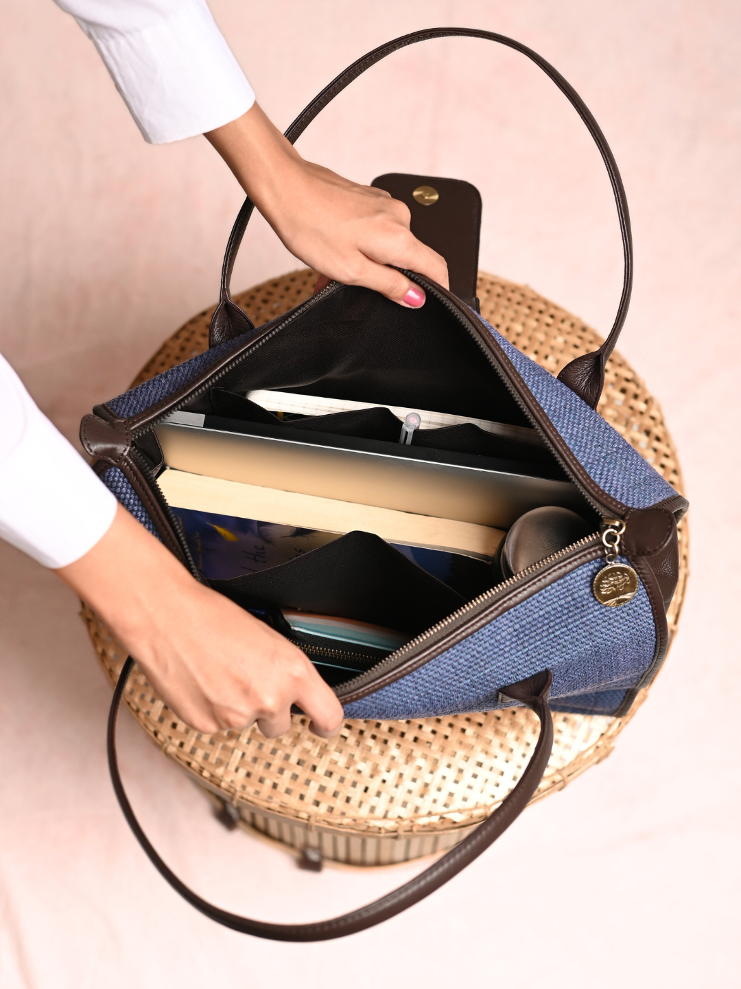 Handmade Roll-up Madurkathi Bag - Blue