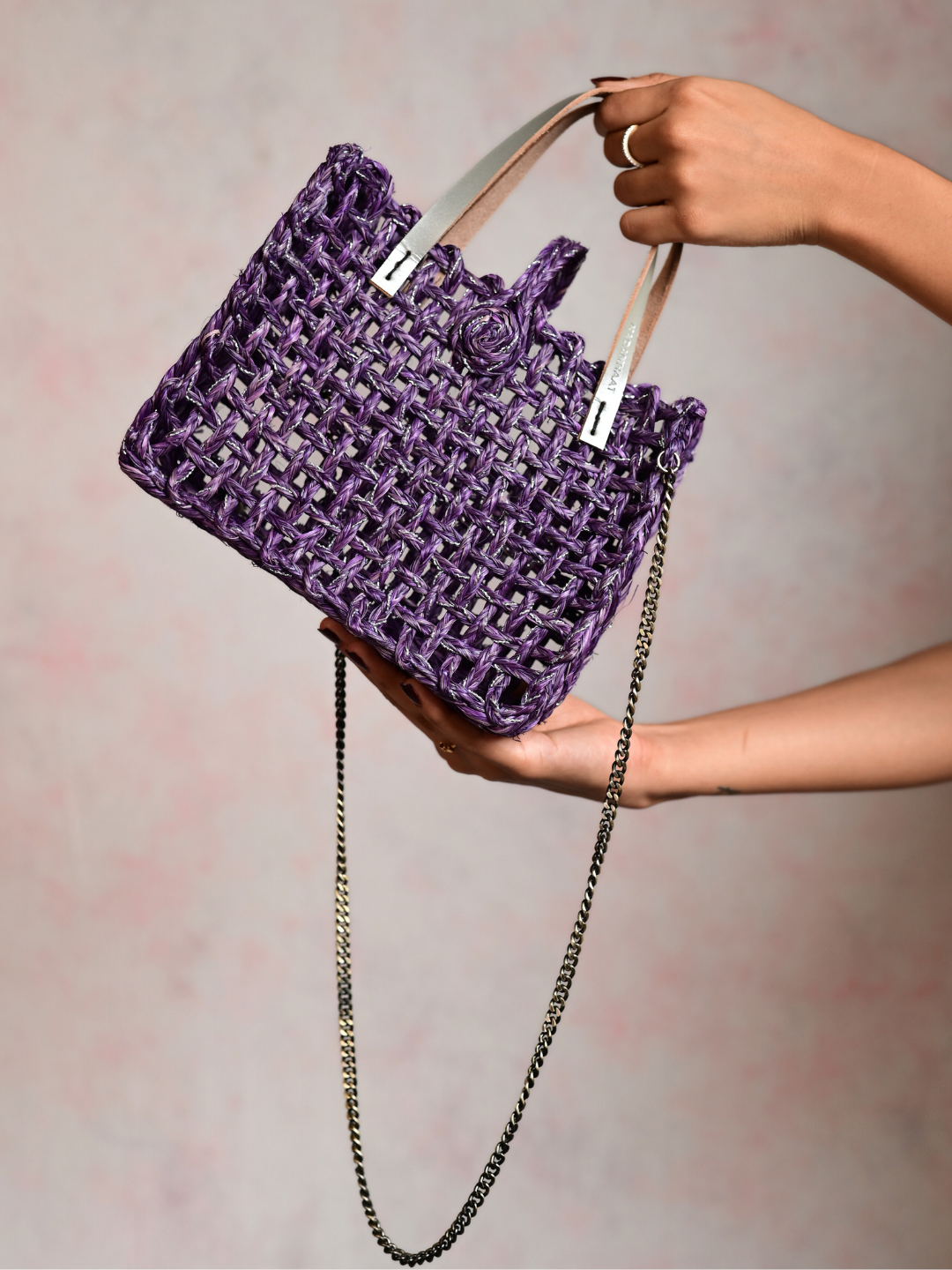 Handmade Sabai Grass Zari Mini Mesh Bag with Silver Handle - Lavender