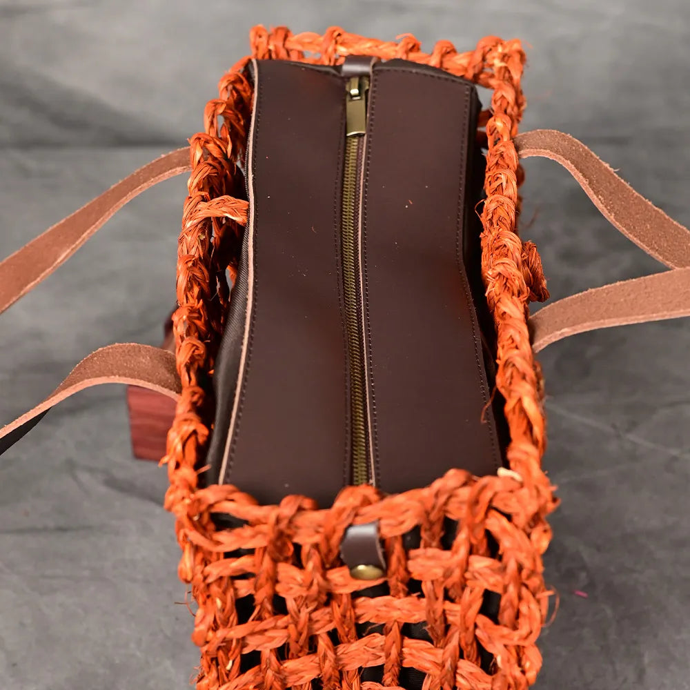 Handmade Sabai Grass Large Mesh Bag - Orange