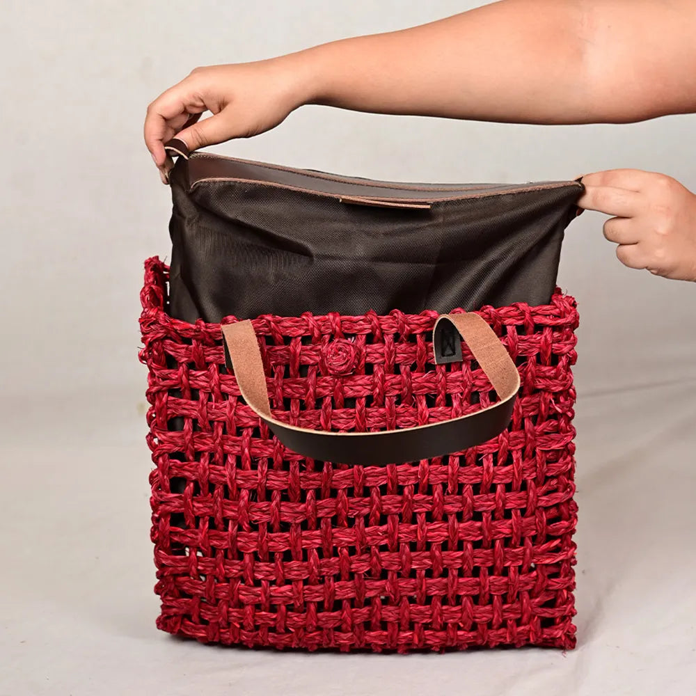 Handmade Sabai Grass Large Mesh Tote Bag - Surkhi
