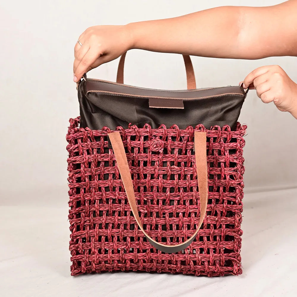 Handmade Sabai Grass Large Mesh Bag - Wine