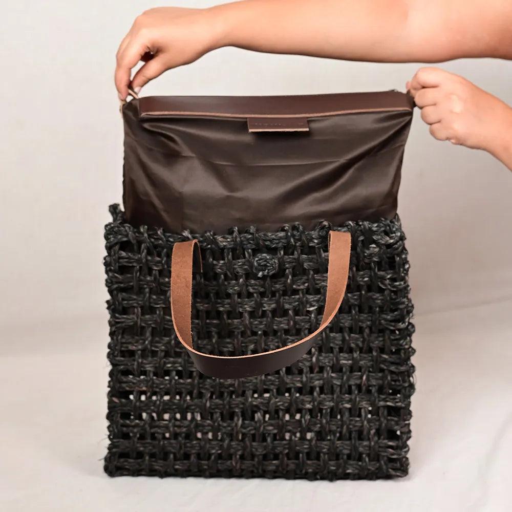 Handmade Sabai Grass Large Mesh Bag - Black
