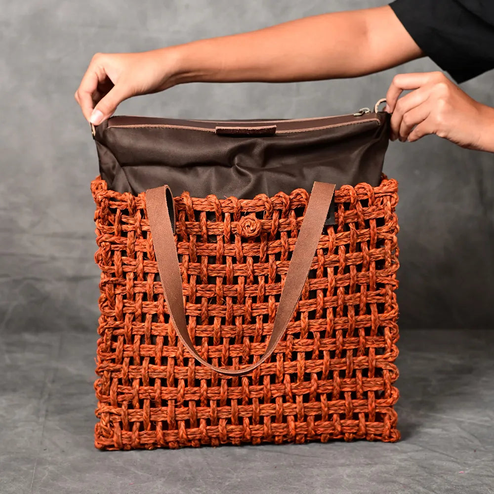 Handmade Sabai Grass Large Mesh Bag - Orange