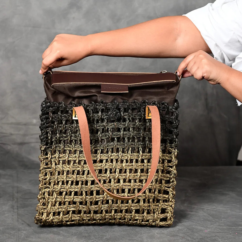 Handmade Sabai Grass Large Mesh Bag - Black and Gold