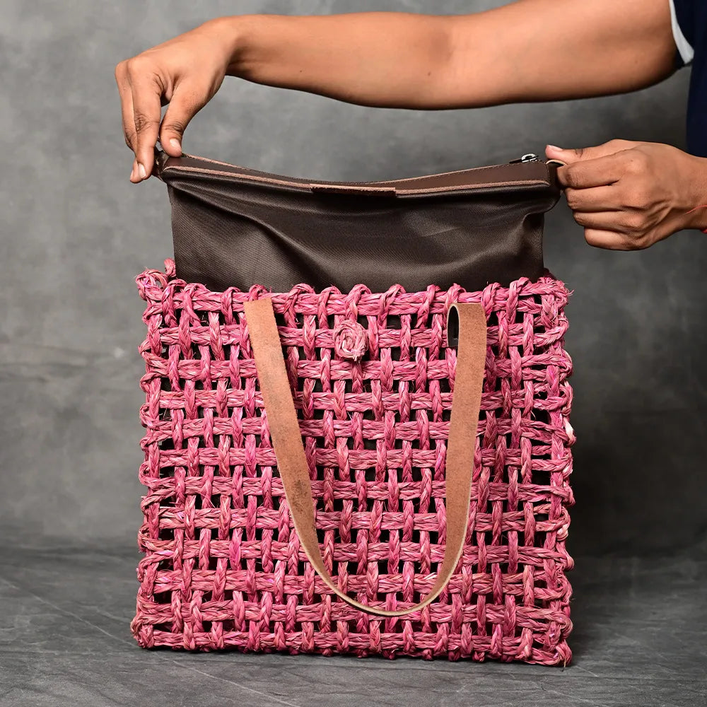 Handmade Sabai Grass Large Mesh Bag - Pink