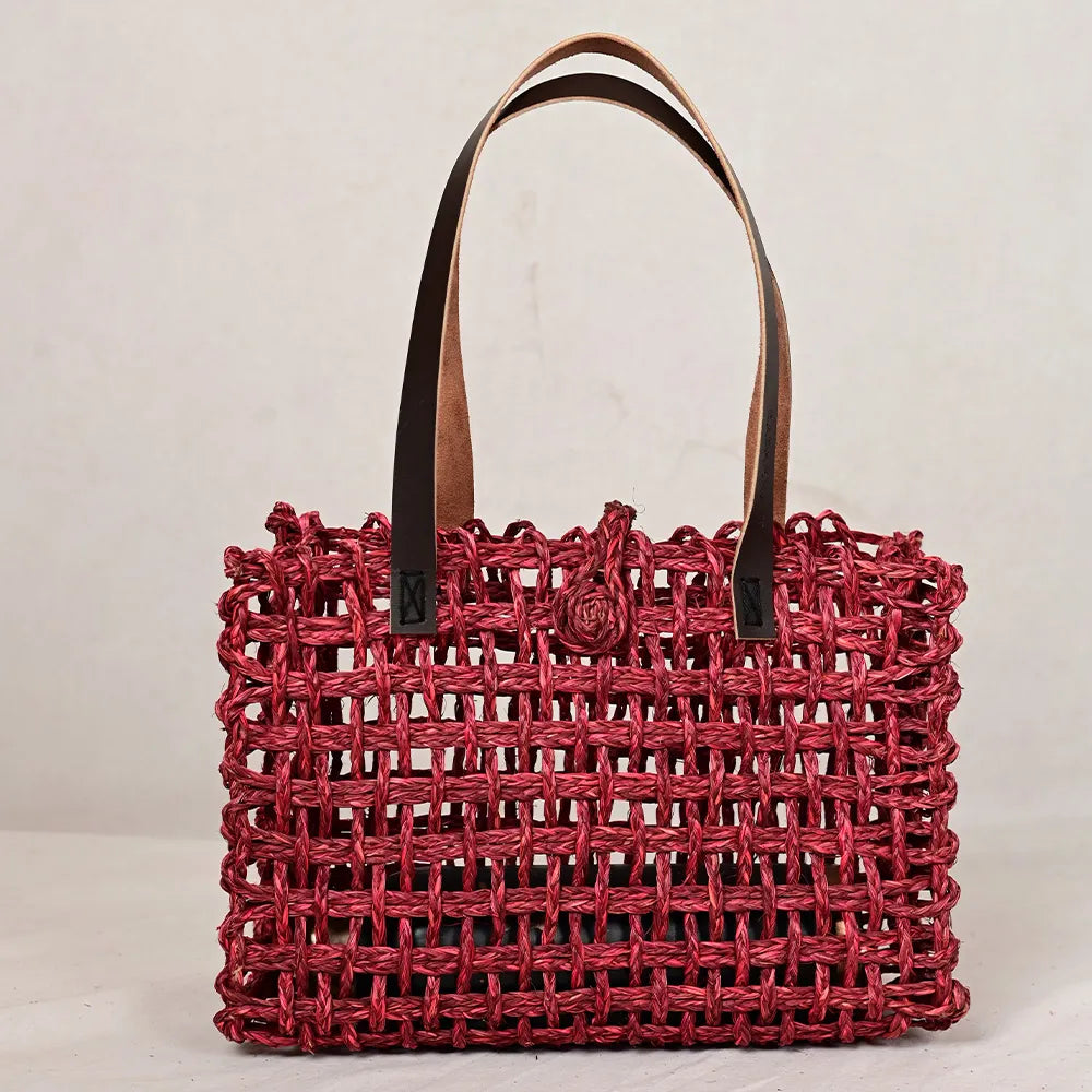Handmade Sabai Grass Small Mesh Bag - Wine