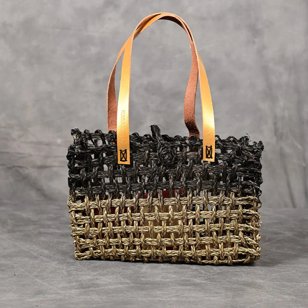 Handmade Sabai Grass Small Mesh Bag - Black and Gold