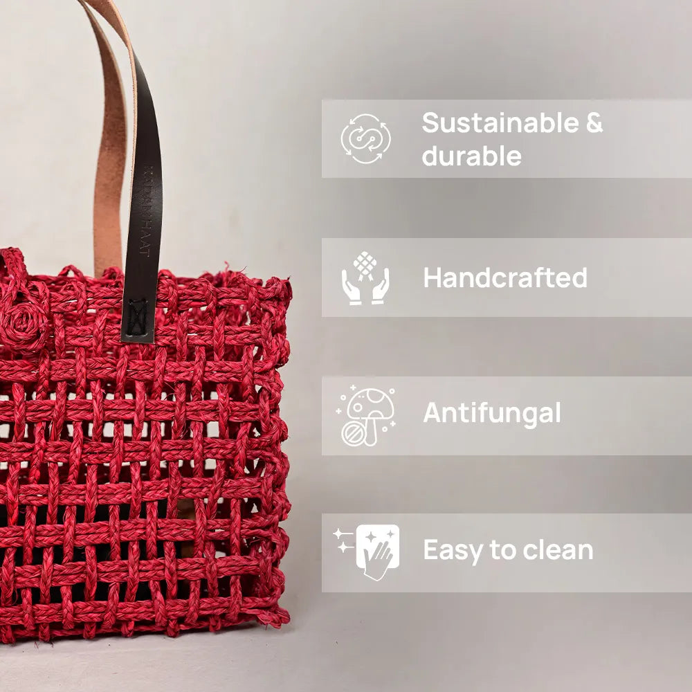 Handmade Sabai Grass Small Mesh Tote Bag - Surkhi