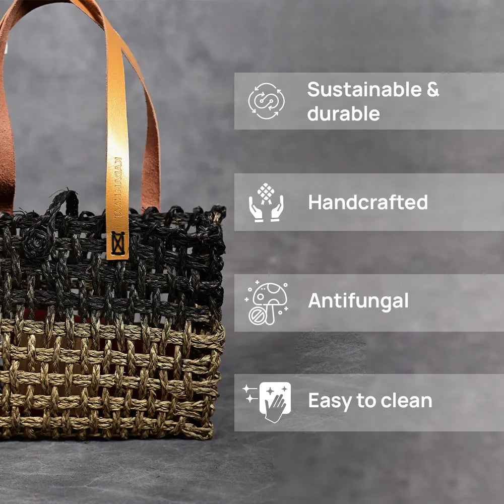 Handmade Sabai Grass Small Mesh Bag - Black and Gold