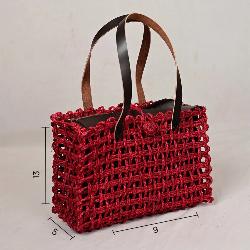 Handmade Sabai Grass Small Mesh Tote Bag - Surkhi