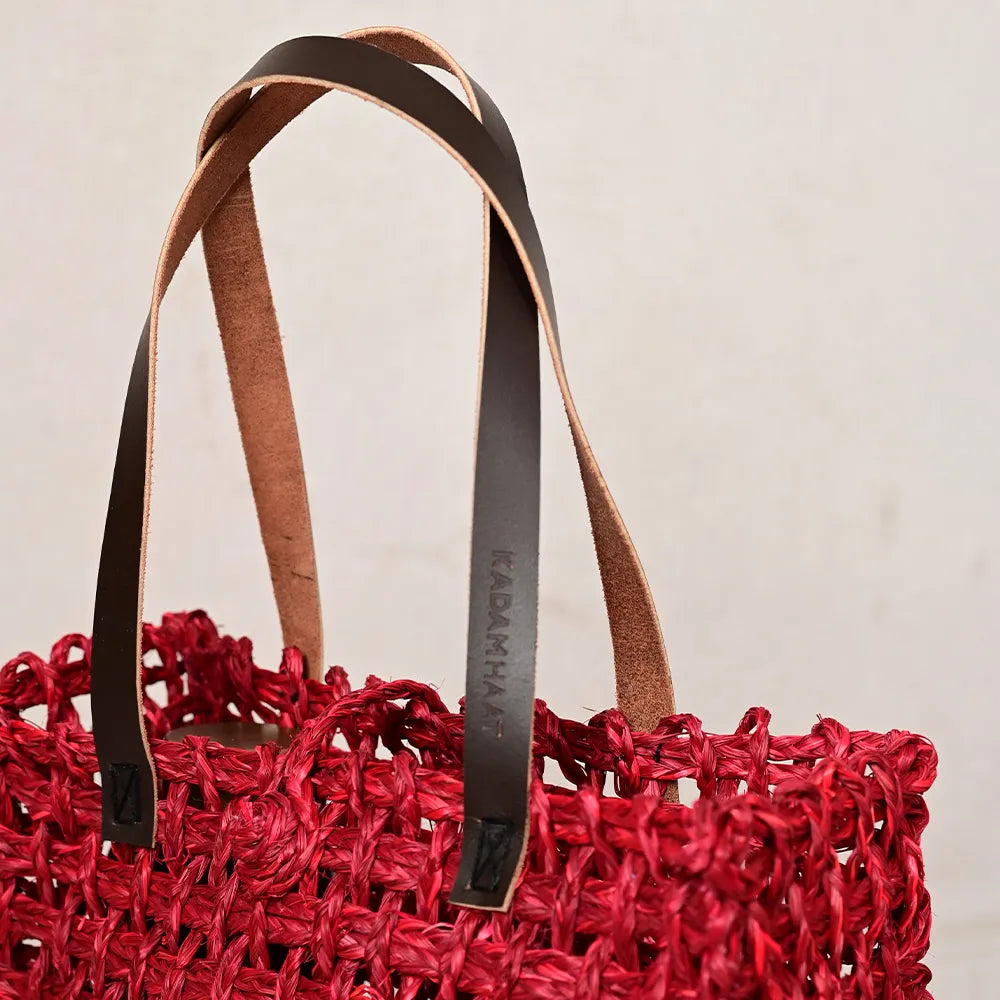Handmade Sabai Grass Small Mesh Tote Bag - Surkhi