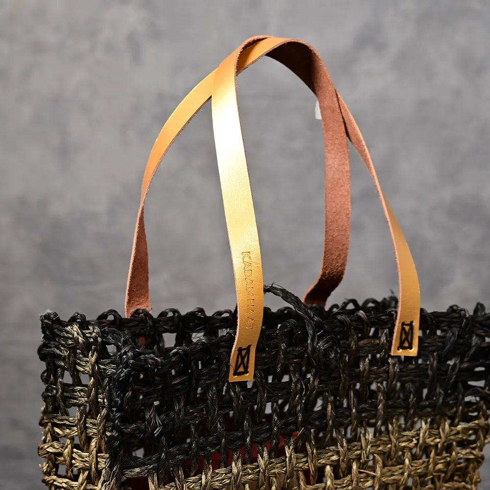 Handmade Sabai Grass Small Mesh Bag - Black and Gold