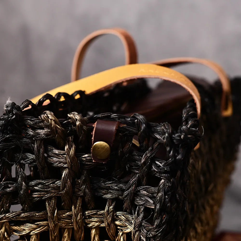 Handmade Sabai Grass Small Mesh Bag - Black and Gold