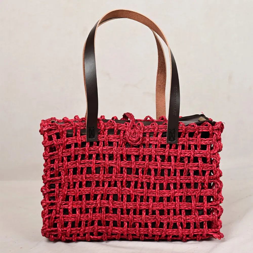 Handmade Sabai Grass Small Mesh Tote Bag - Surkhi