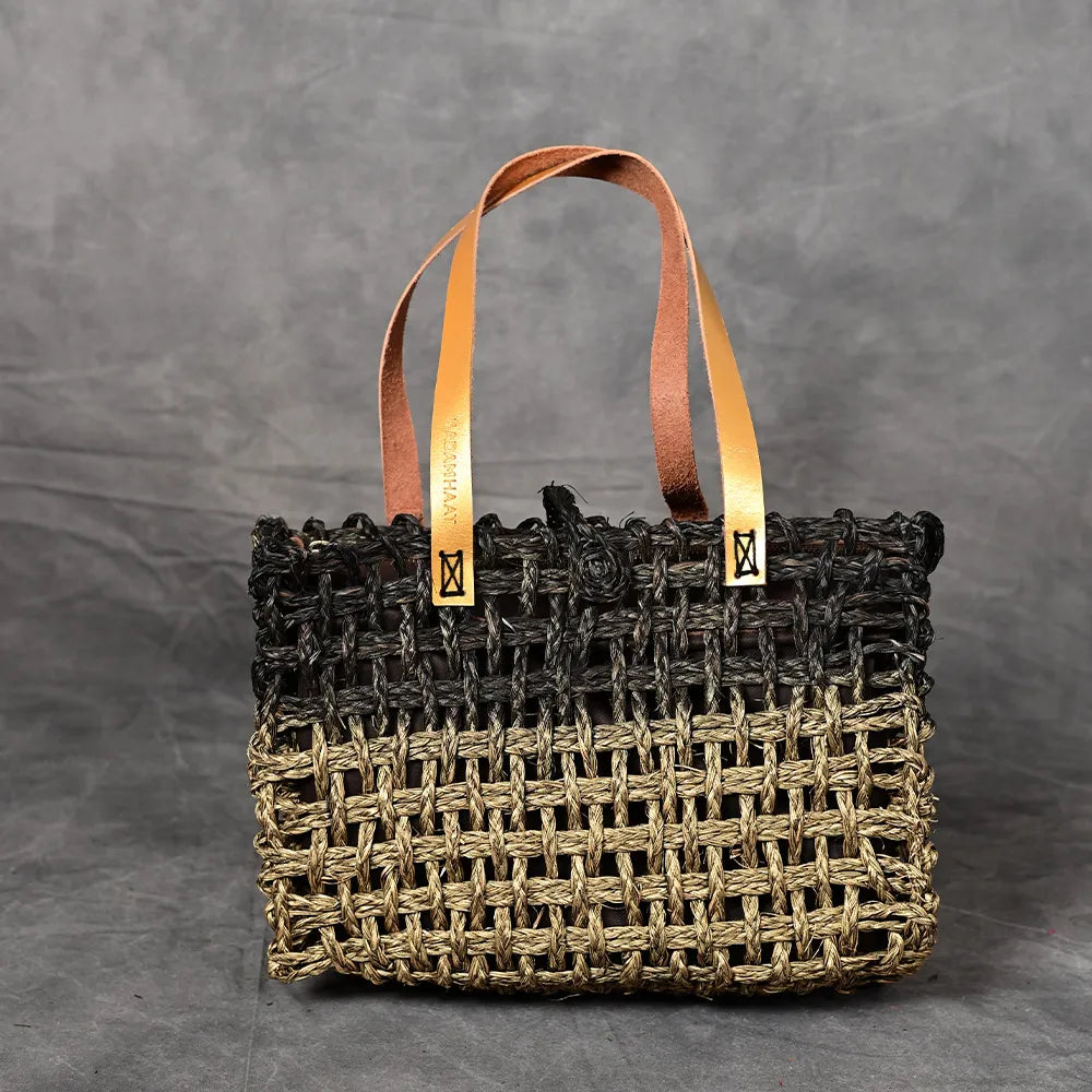 Handmade Sabai Grass Small Mesh Bag - Black and Gold