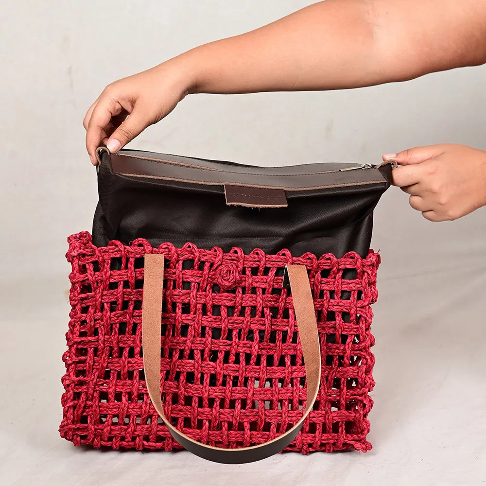 Handmade Sabai Grass Small Mesh Tote Bag - Surkhi