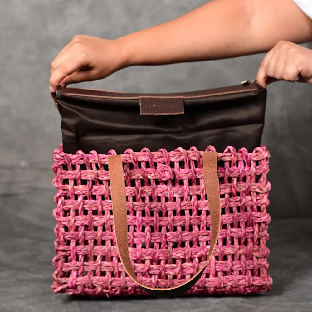 Handmade Sabai Grass Small Mesh Bag - Pink