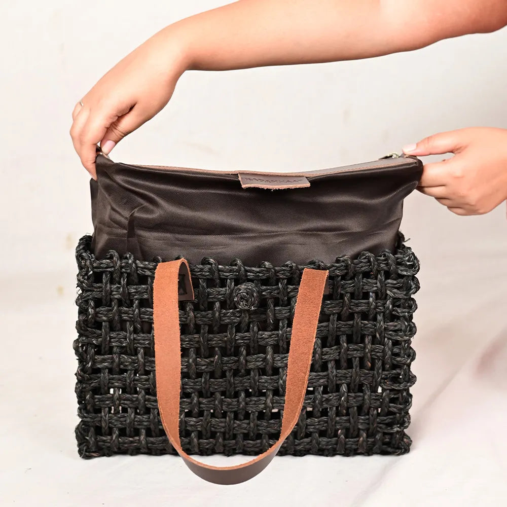 Handmade Sabai Grass Small Mesh Bag - Black