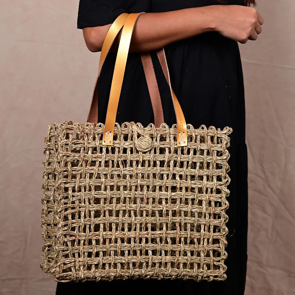 Handmade Sabai Zari Large Mesh Bag