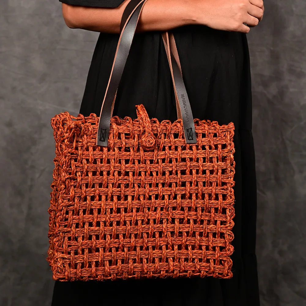 Handmade Sabai Grass Large Mesh Bag - Orange