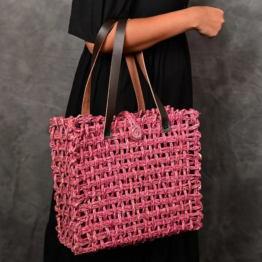 Handmade Sabai Grass Large Mesh Bag - Pink