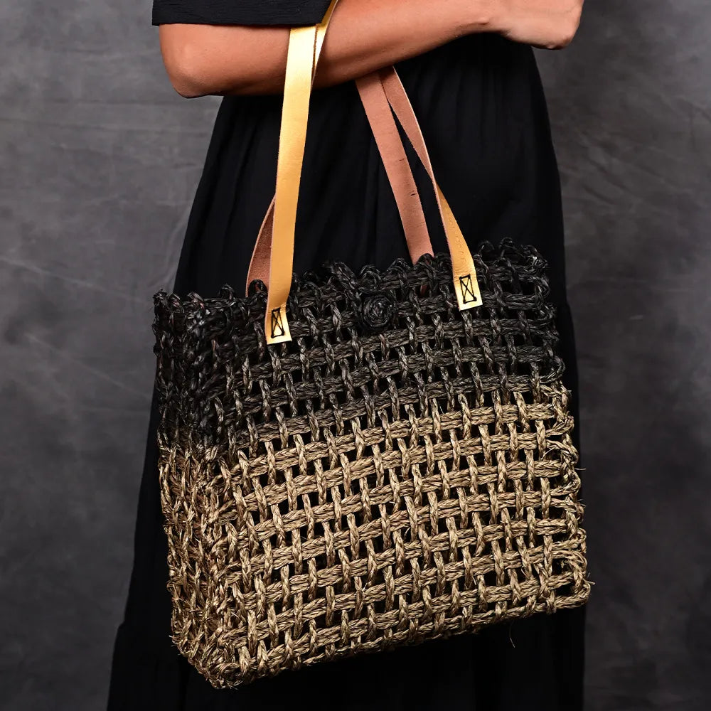 Handmade Sabai Grass Large Mesh Bag - Black and Gold