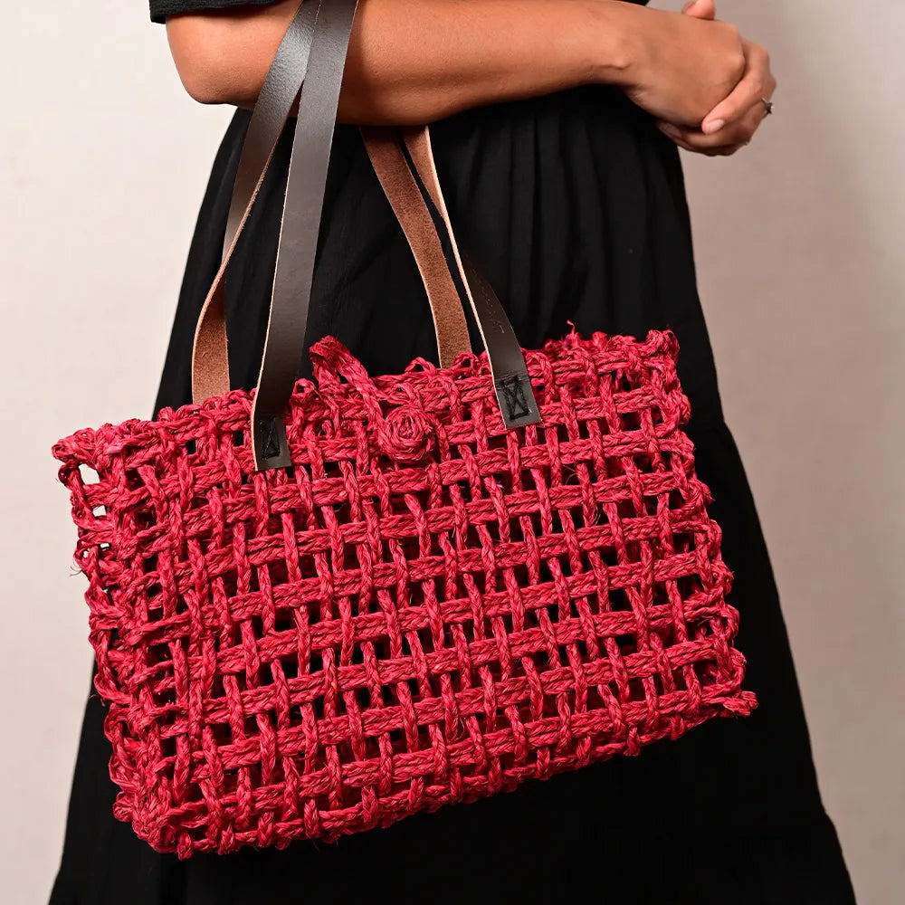 Handmade Sabai Grass Small Mesh Tote Bag - Surkhi