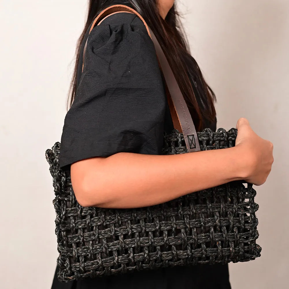 Handmade Sabai Grass Small Mesh Bag - Black