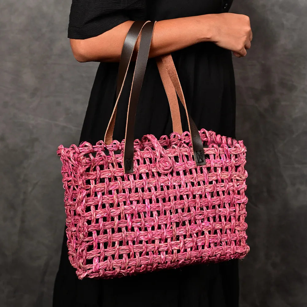 Handmade Sabai Grass Small Mesh Bag - Pink