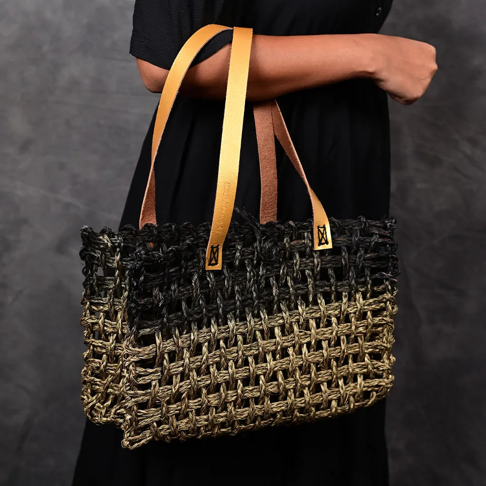 Handmade Sabai Grass Small Mesh Bag - Black and Gold