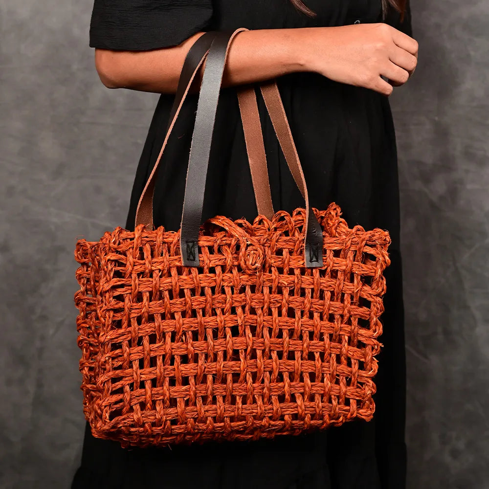 Handmade Sabai Grass Small Mesh Bag - Orange