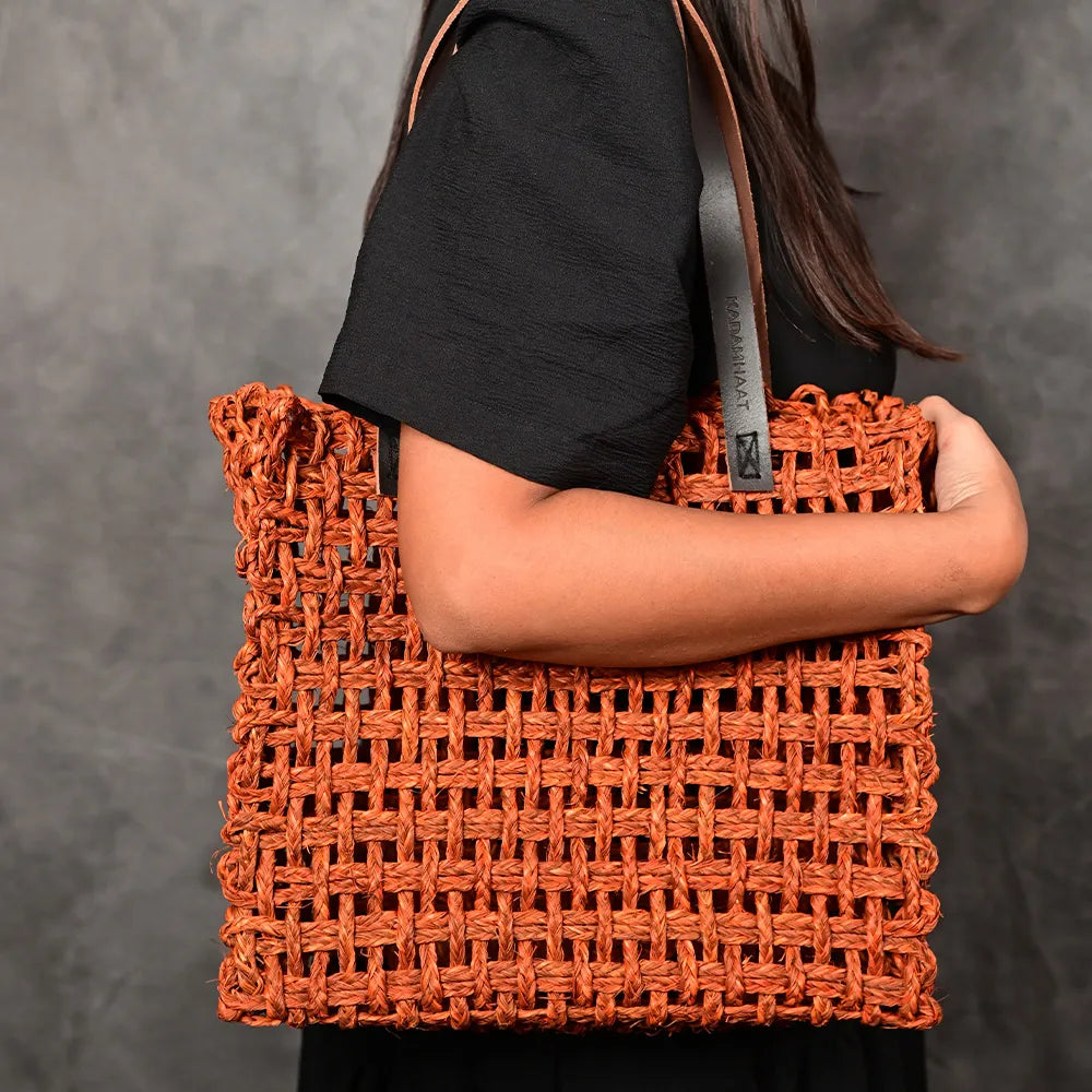 Handmade Sabai Grass Large Mesh Bag - Orange