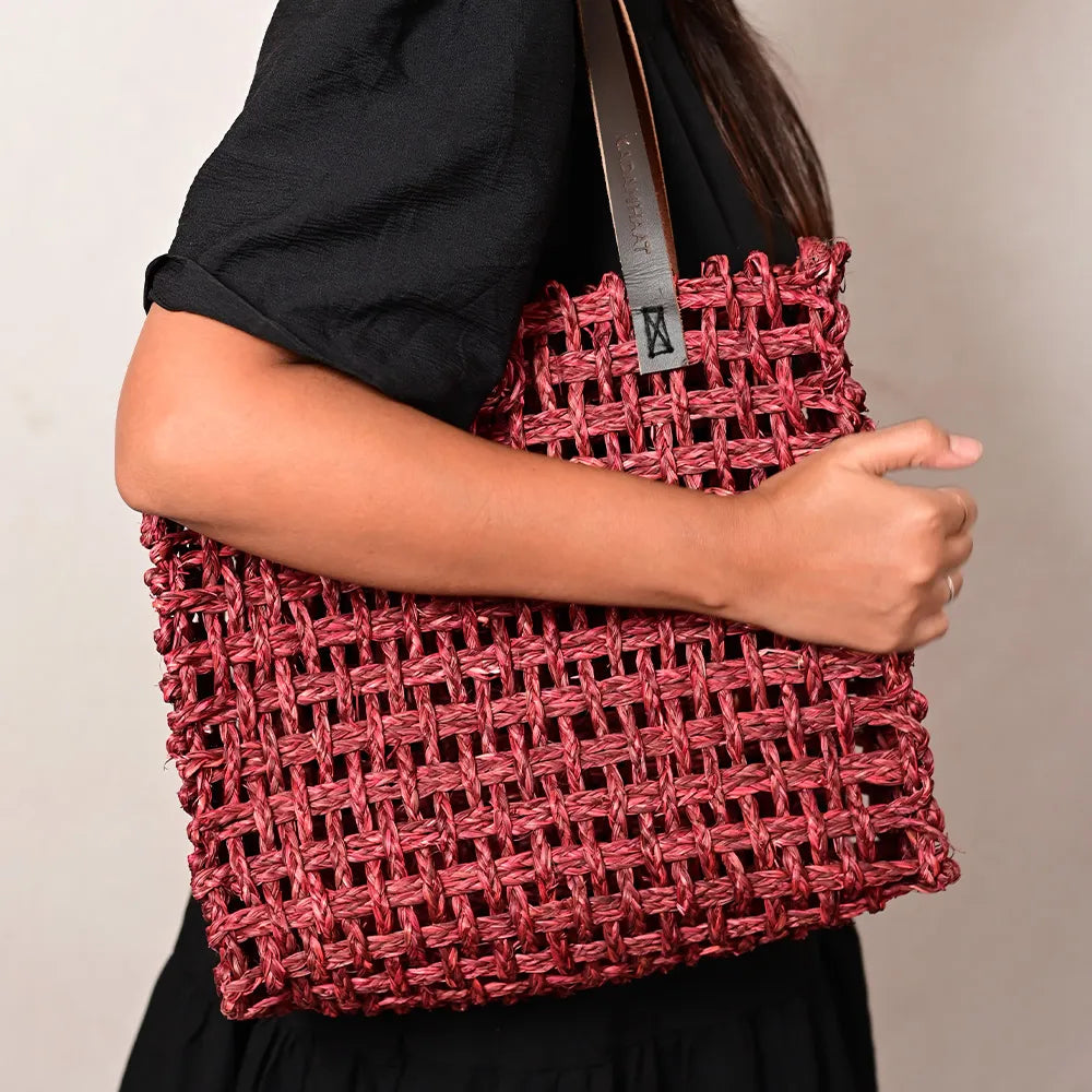 Handmade Sabai Grass Large Mesh Bag - Wine