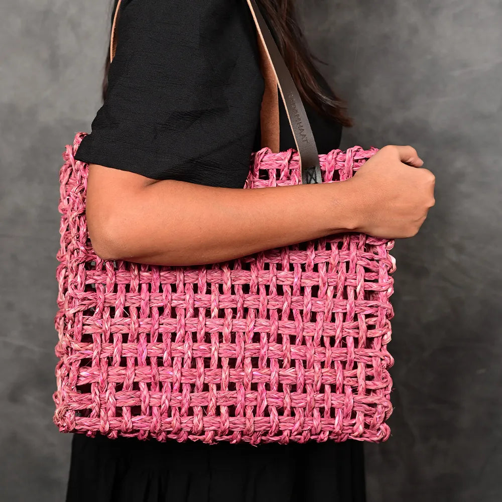 Handmade Sabai Grass Large Mesh Bag - Pink