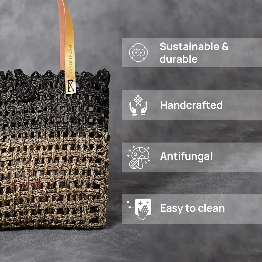 Handmade Sabai Grass Large Mesh Bag - Black and Gold