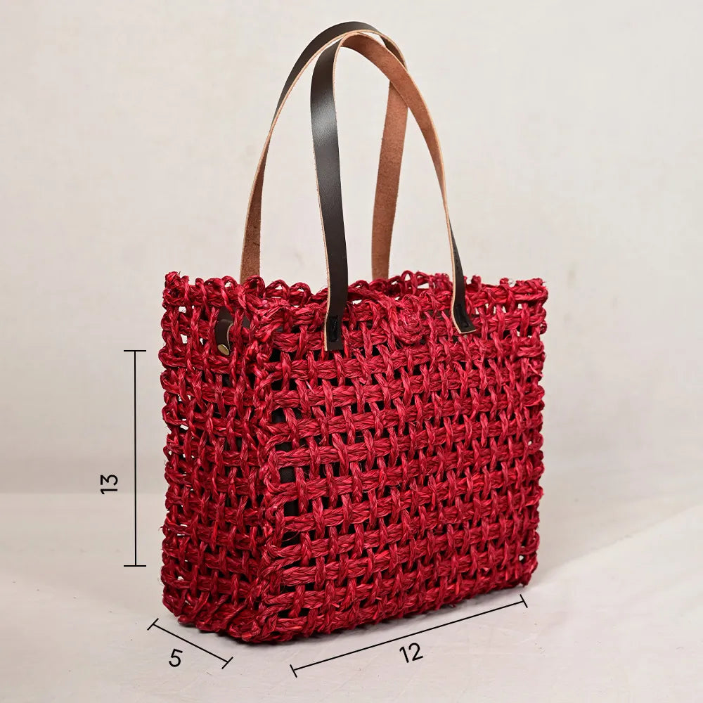 Handmade Sabai Grass Large Mesh Tote Bag - Surkhi