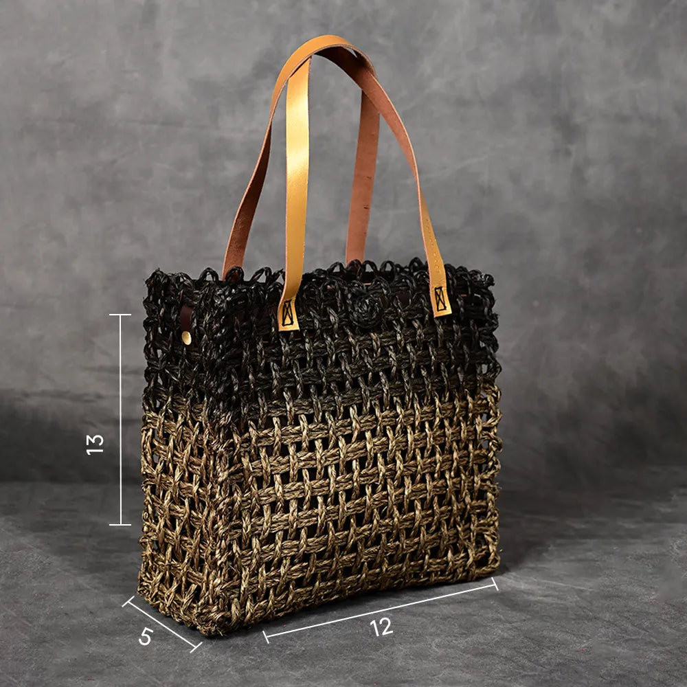 Handmade Sabai Grass Large Mesh Bag - Black and Gold