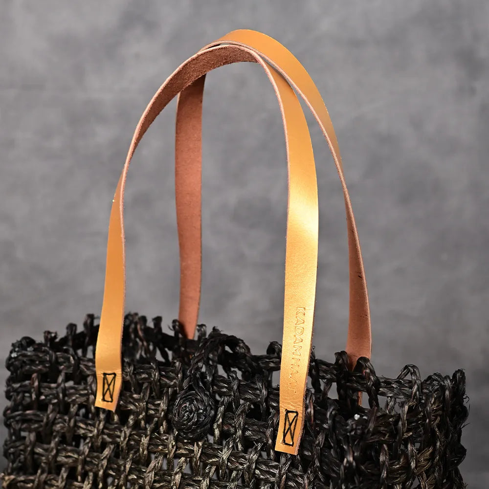 Handmade Sabai Grass Large Mesh Bag - Black and Gold