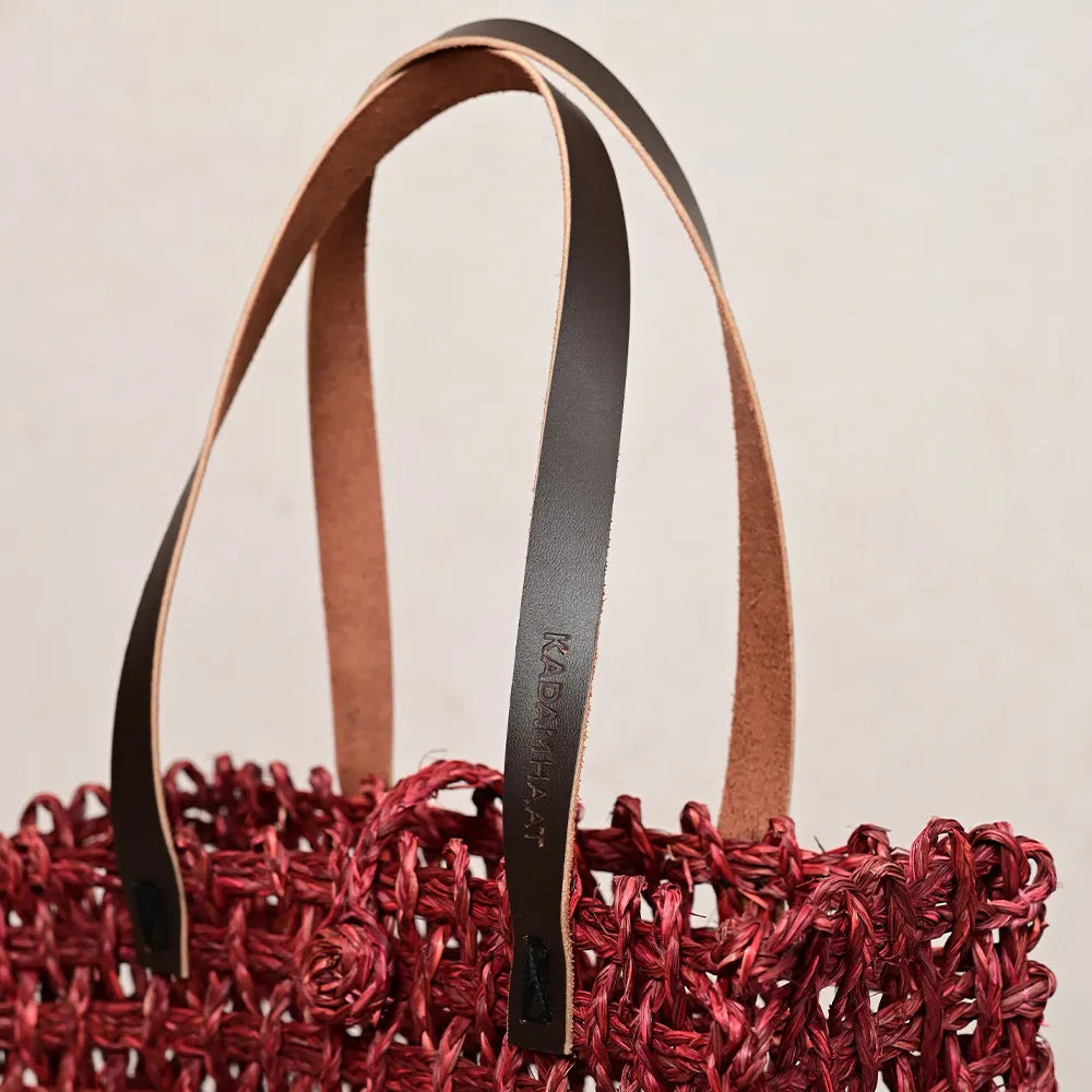 Handmade Sabai Grass Large Mesh Bag - Wine