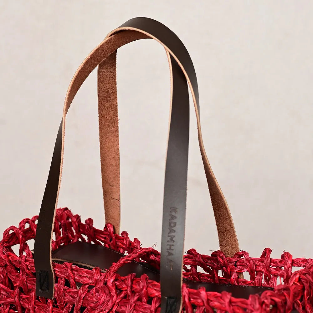 Handmade Sabai Grass Large Mesh Tote Bag - Surkhi